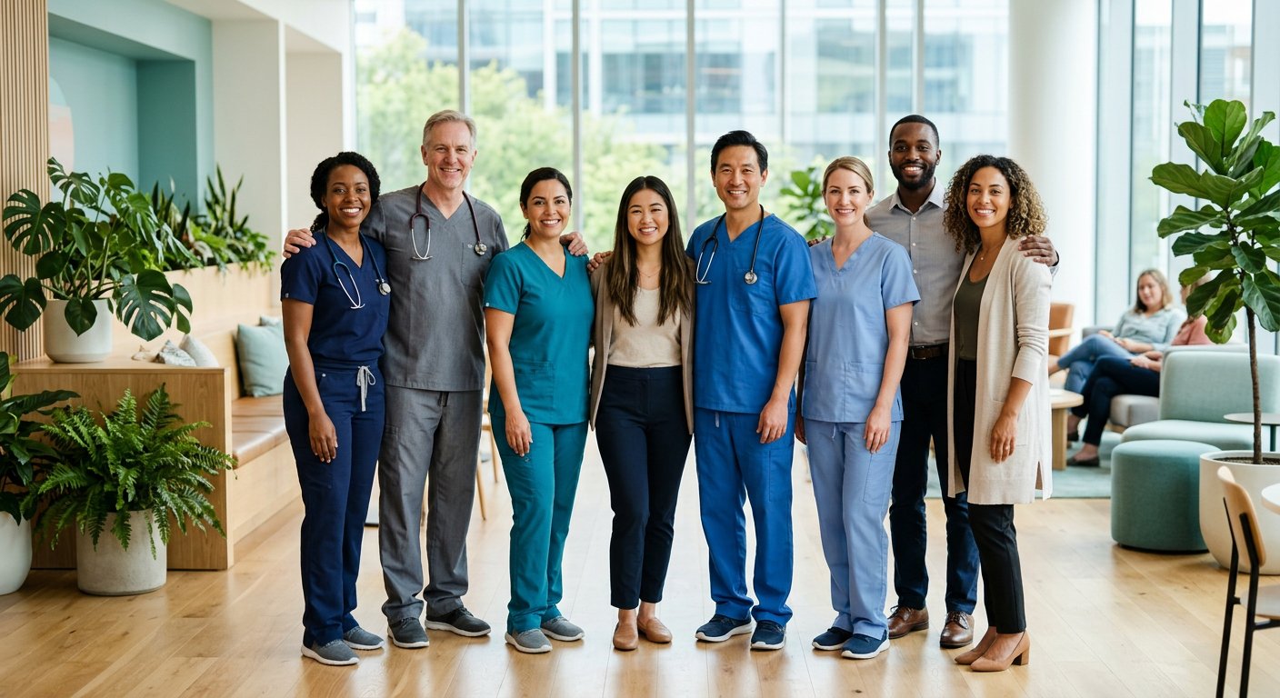 The Health Recover Support care team in their clinic lounge