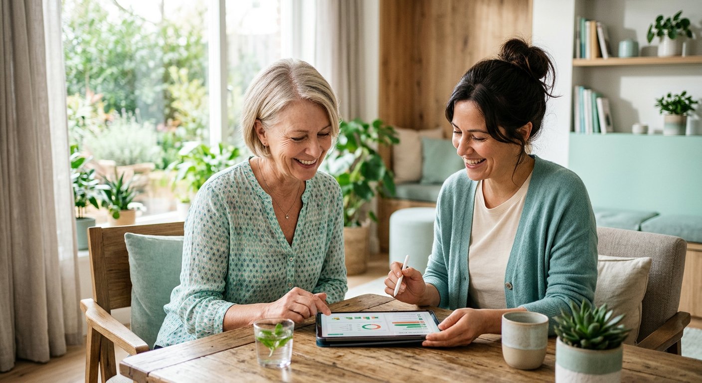 A health coach guiding a smiling woman through her personal wellness plan